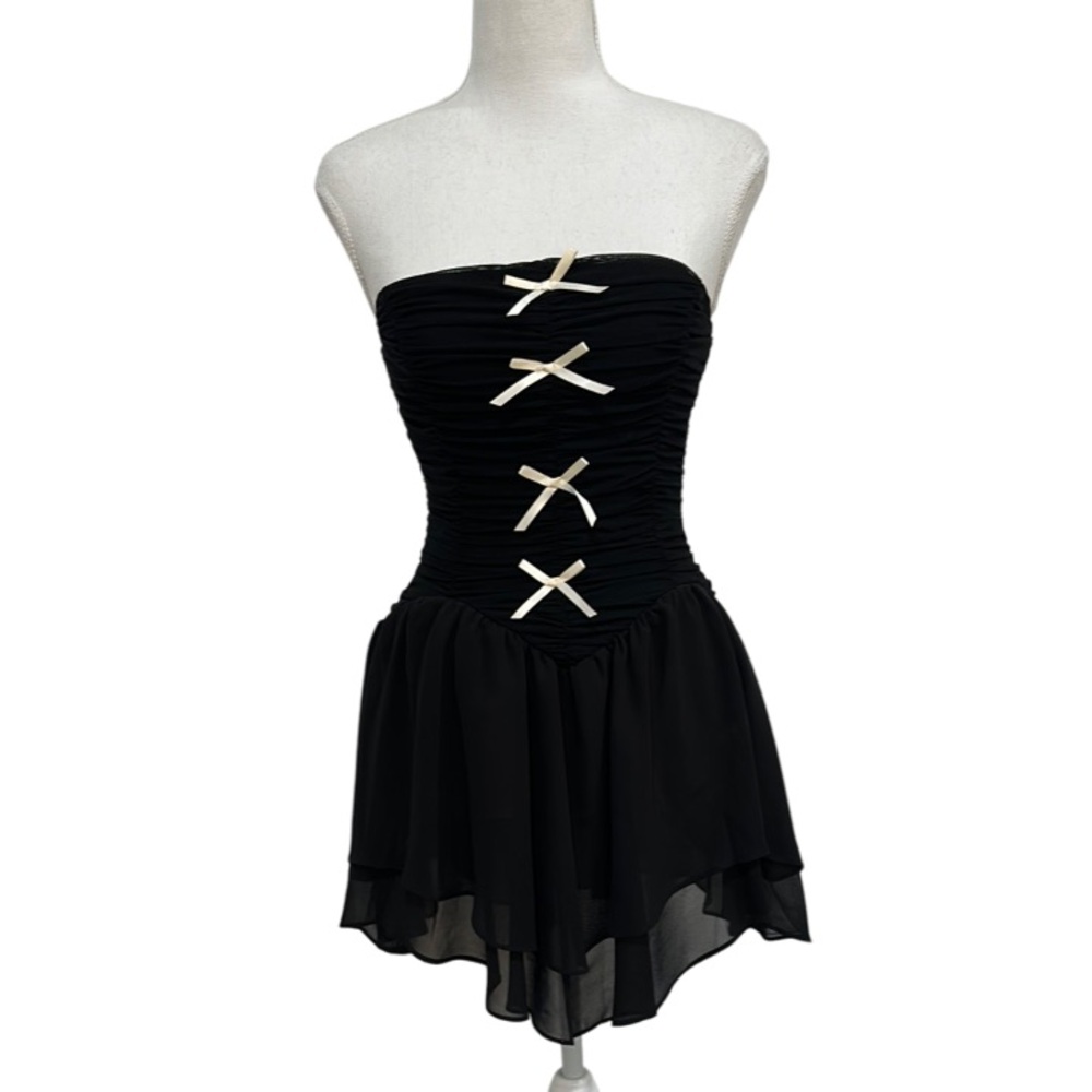 Windsor Ruched Strapless Black Strapless Mini Dress with Bow Accents Size XS